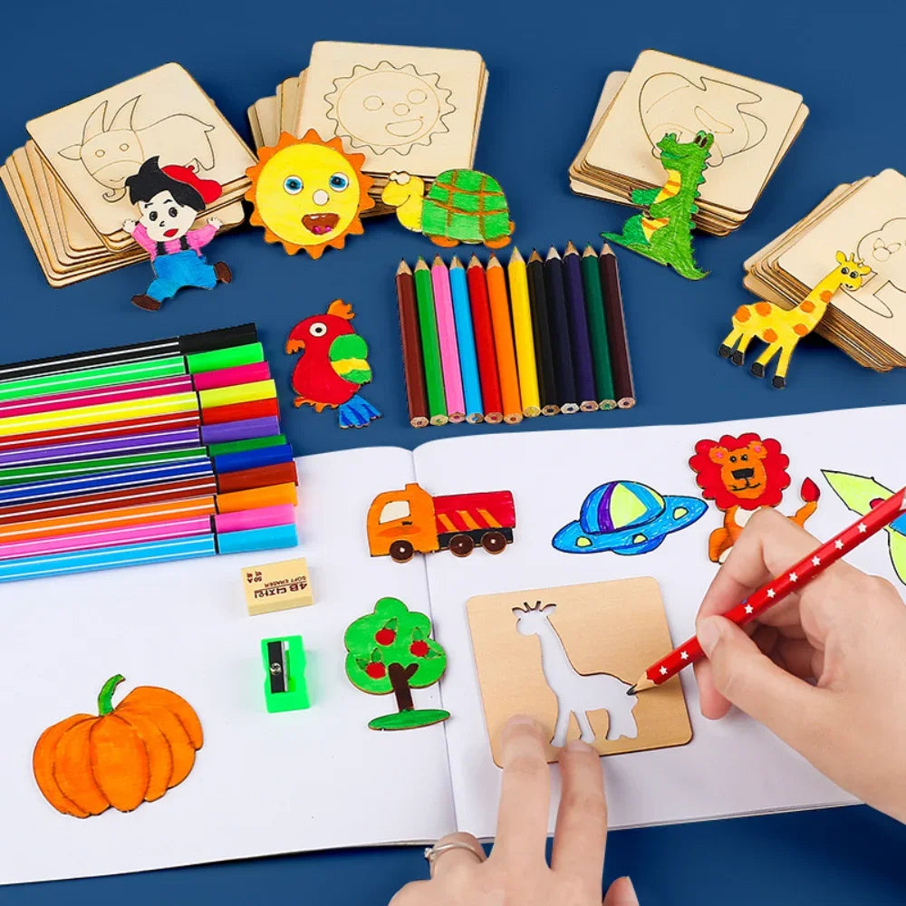 Montessori Drawing Templates for Kids | Wooden 20-Piece Animal Stencil Set