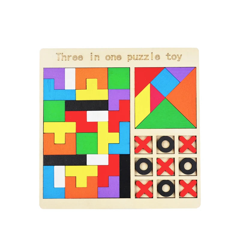 3-in-1 Wooden Puzzle Board – Tangram, Tic-Tac-Toe & Jigsaw