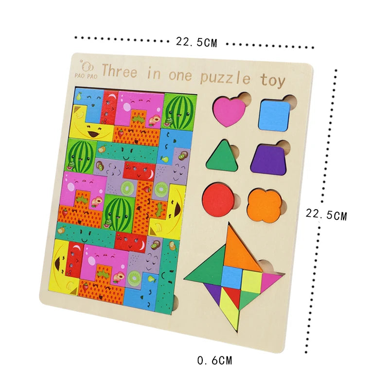 3-in-1 Wooden Puzzle Board – Tangram, Tic-Tac-Toe & Jigsaw