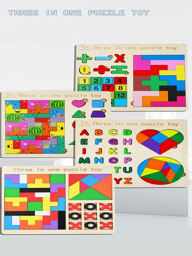 3-in-1 Wooden Puzzle Board – Tangram, Tic-Tac-Toe & Jigsaw