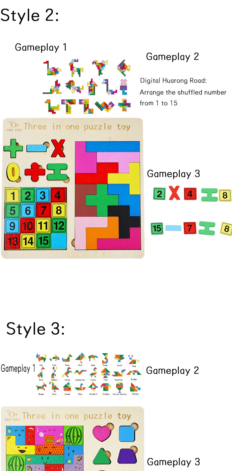 3-in-1 Wooden Puzzle Board – Tangram, Tic-Tac-Toe & Jigsaw