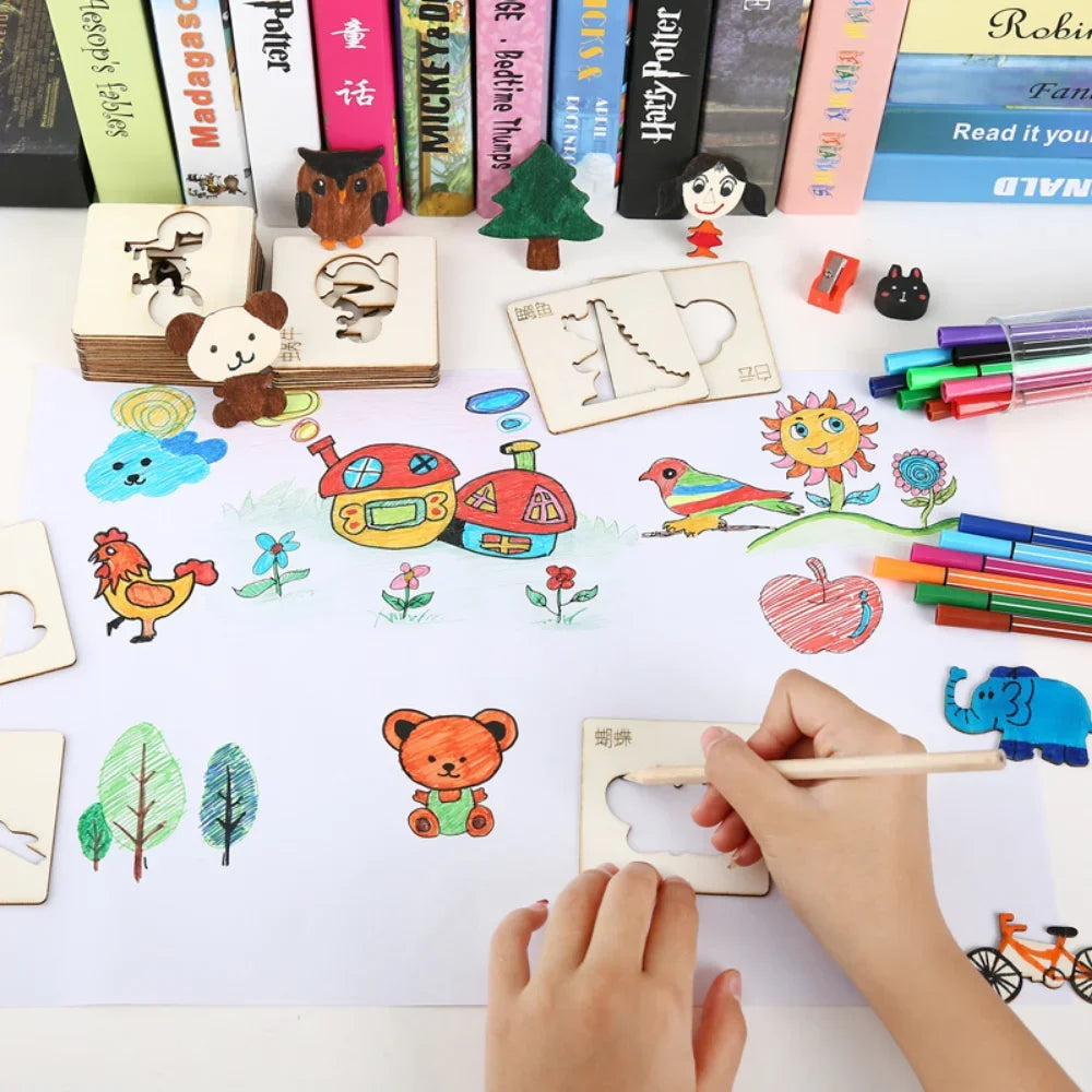 Montessori Drawing Templates for Kids | Wooden 20-Piece Animal Stencil Set