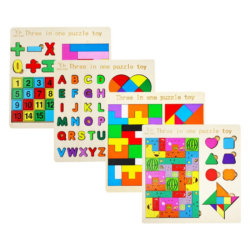 3-in-1 Wooden Puzzle Board – Tangram, Tic-Tac-Toe & Jigsaw