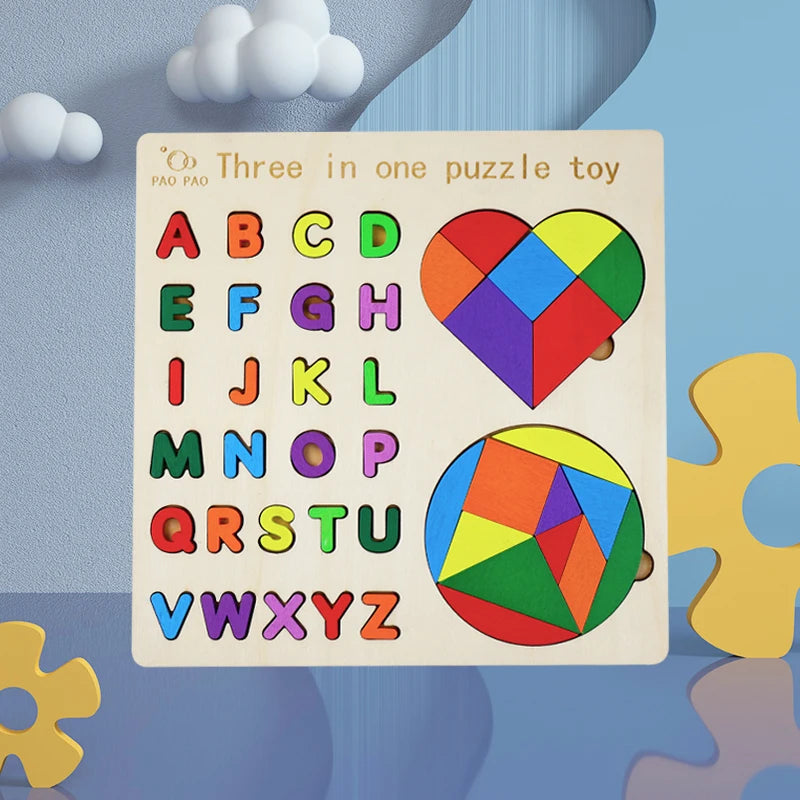 3-in-1 Wooden Puzzle Board – Tangram, Tic-Tac-Toe & Jigsaw