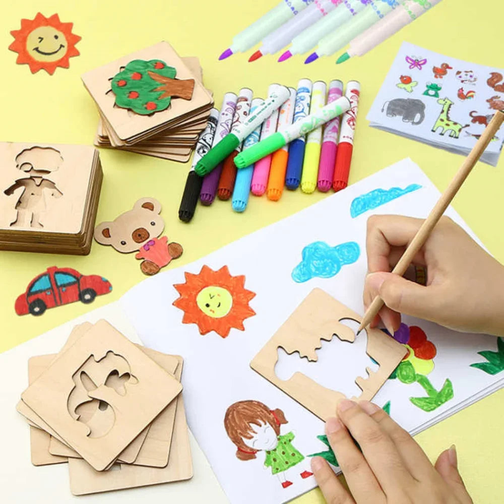 Montessori Drawing Templates for Kids | Wooden 20-Piece Animal Stencil Set