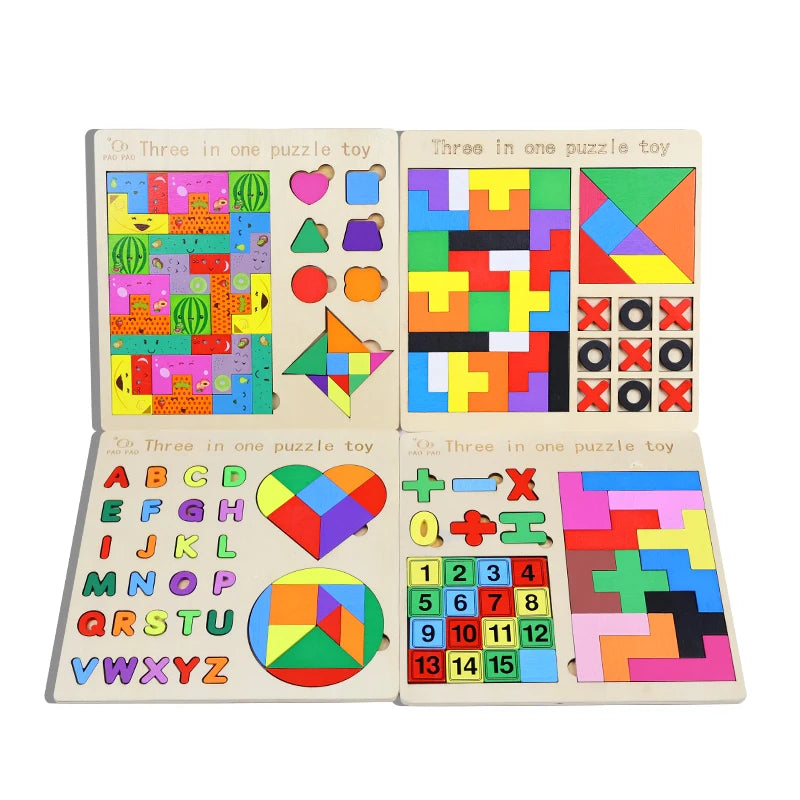 3-in-1 Wooden Puzzle Board – Tangram, Tic-Tac-Toe & Jigsaw