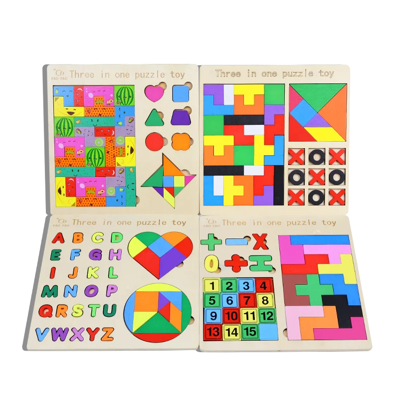 3-in-1 Wooden Puzzle Board – Tangram, Tic-Tac-Toe & Jigsaw