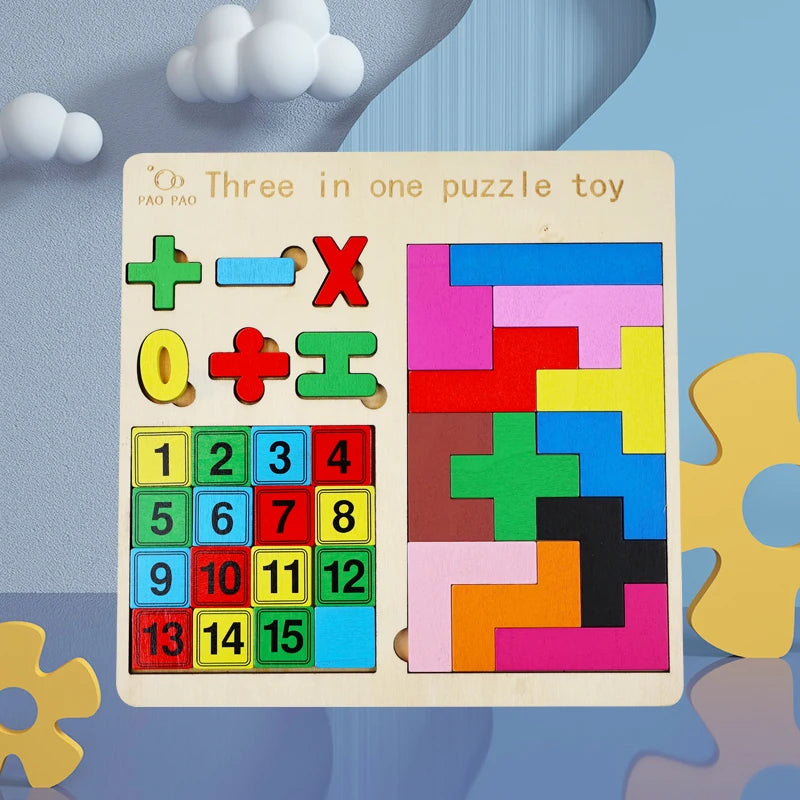 3-in-1 Wooden Puzzle Board – Tangram, Tic-Tac-Toe & Jigsaw