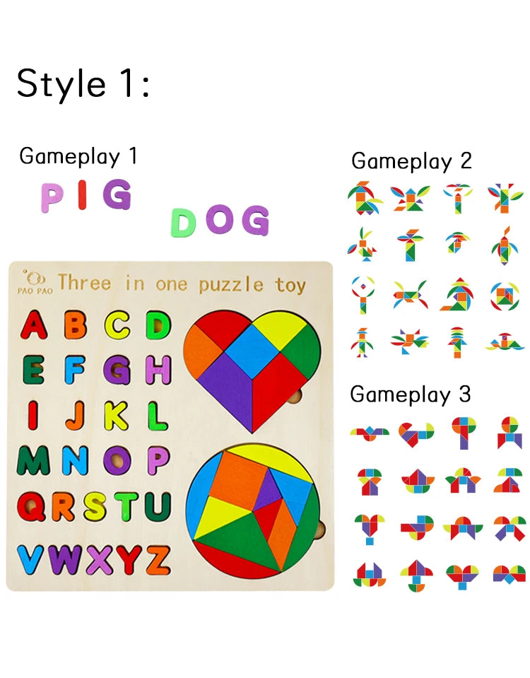 3-in-1 Wooden Puzzle Board – Tangram, Tic-Tac-Toe & Jigsaw