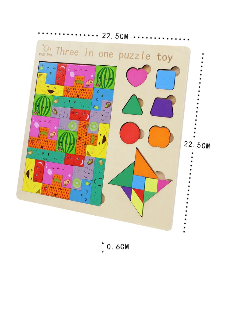 3-in-1 Wooden Puzzle Board – Tangram, Tic-Tac-Toe & Jigsaw