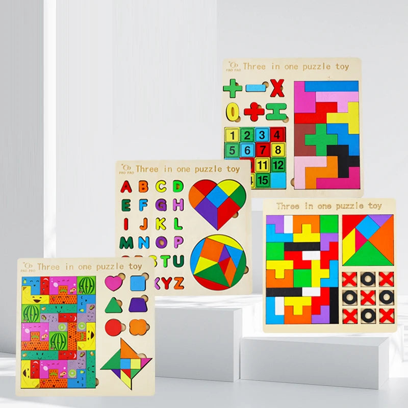 3-in-1 Wooden Puzzle Board – Tangram, Tic-Tac-Toe & Jigsaw