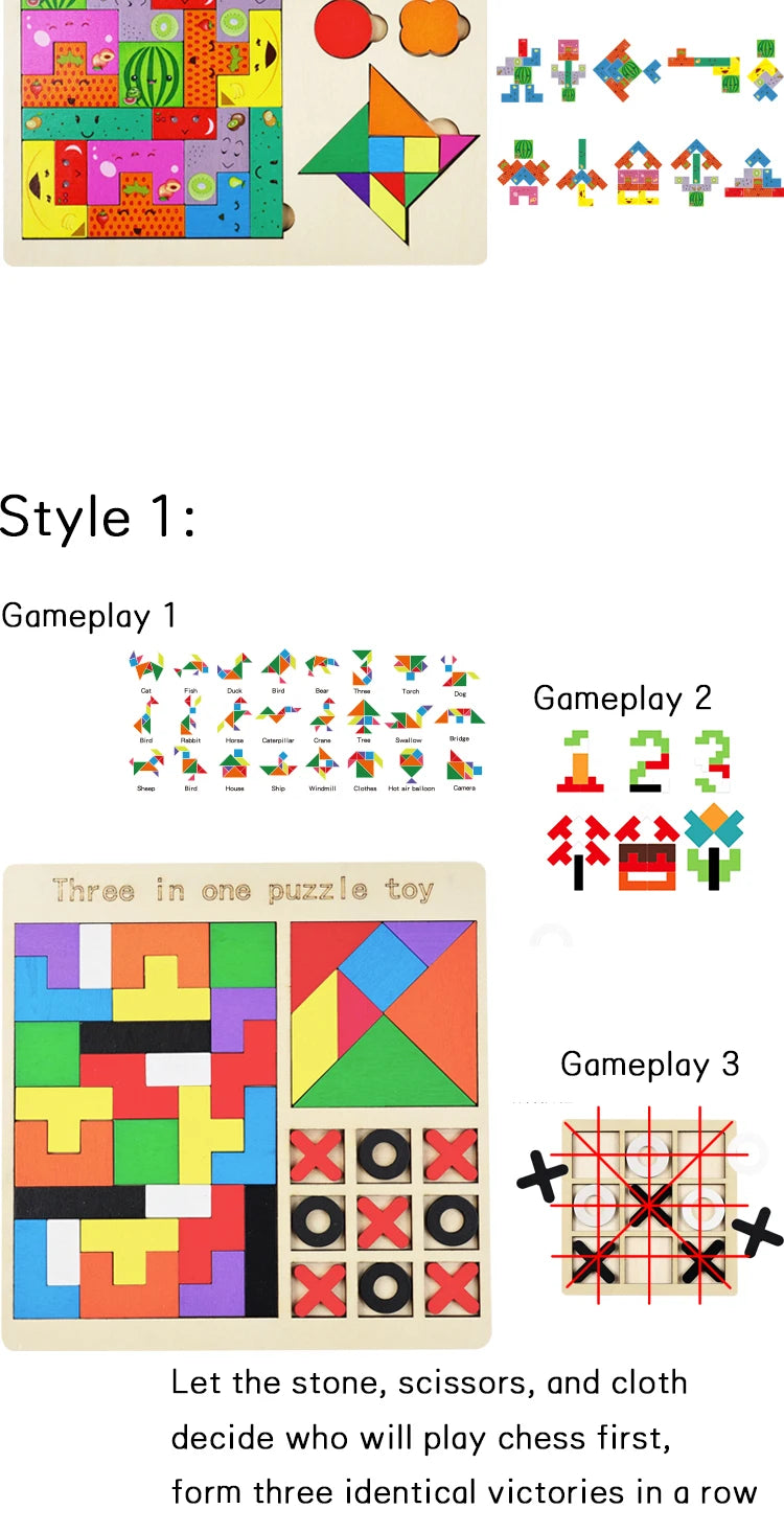 3-in-1 Wooden Puzzle Board – Tangram, Tic-Tac-Toe & Jigsaw