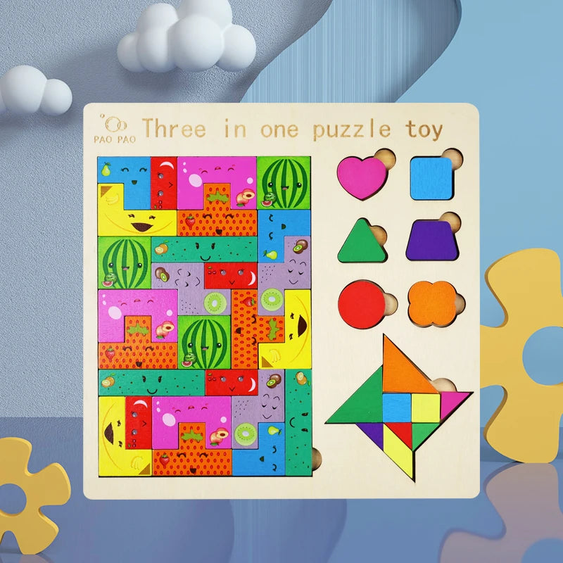 3-in-1 Wooden Puzzle Board – Tangram, Tic-Tac-Toe & Jigsaw