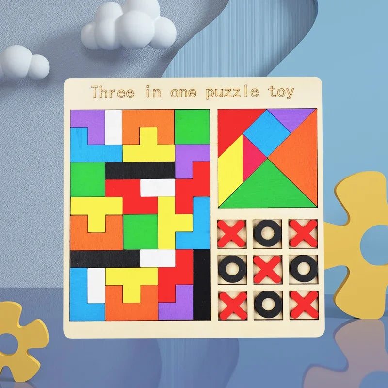 3-in-1 Wooden Puzzle Board – Tangram, Tic-Tac-Toe & Jigsaw