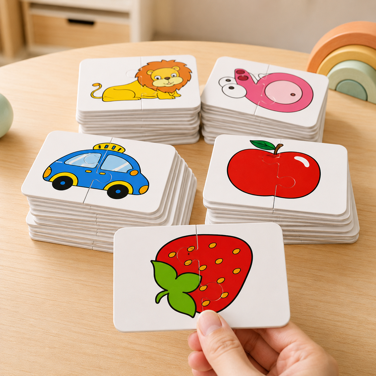 Picture Matching Puzzle Cards: Two-Piece Jigsaw Format for Tabletop Play