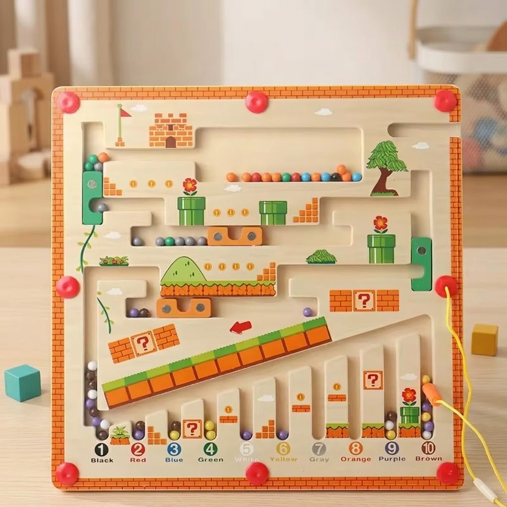 Magnetic Maze Board with Tethered Stylus and 1–10 Sorting Lanes