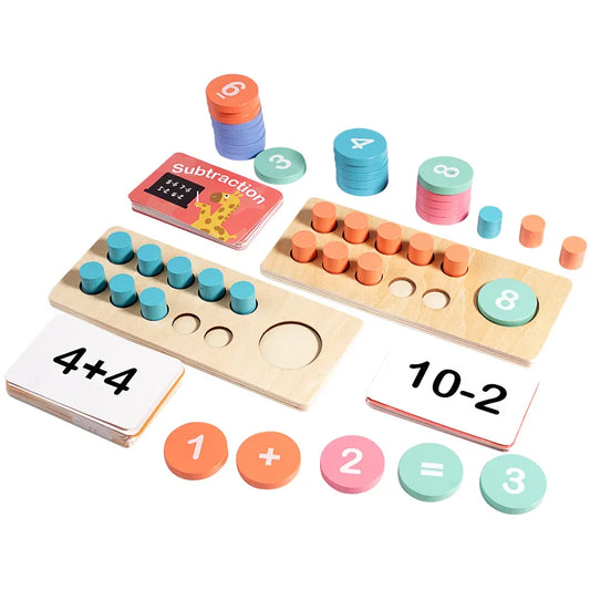 Wooden ten-frame math set for addition and subtraction (number board + cards + tokens)