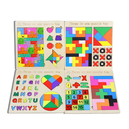 3-in-1 Wooden Puzzle Board – Tangram, Tic-Tac-Toe & Jigsaw