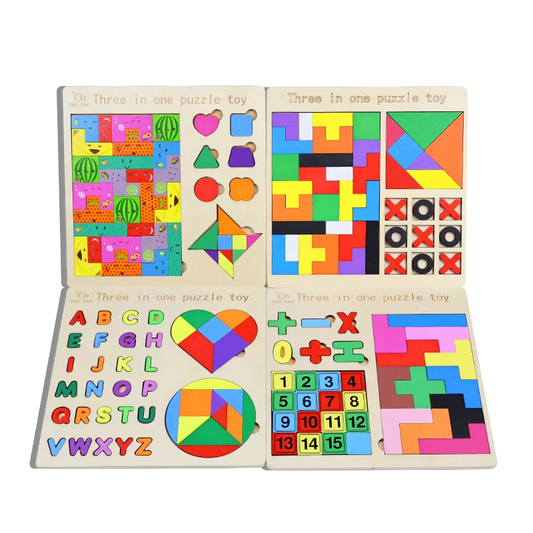 3-in-1 Wooden Puzzle Board – Tangram, Tic-Tac-Toe & Jigsaw