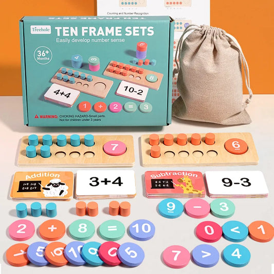 Wooden ten-frame math set for addition and subtraction (number board + cards + tokens)