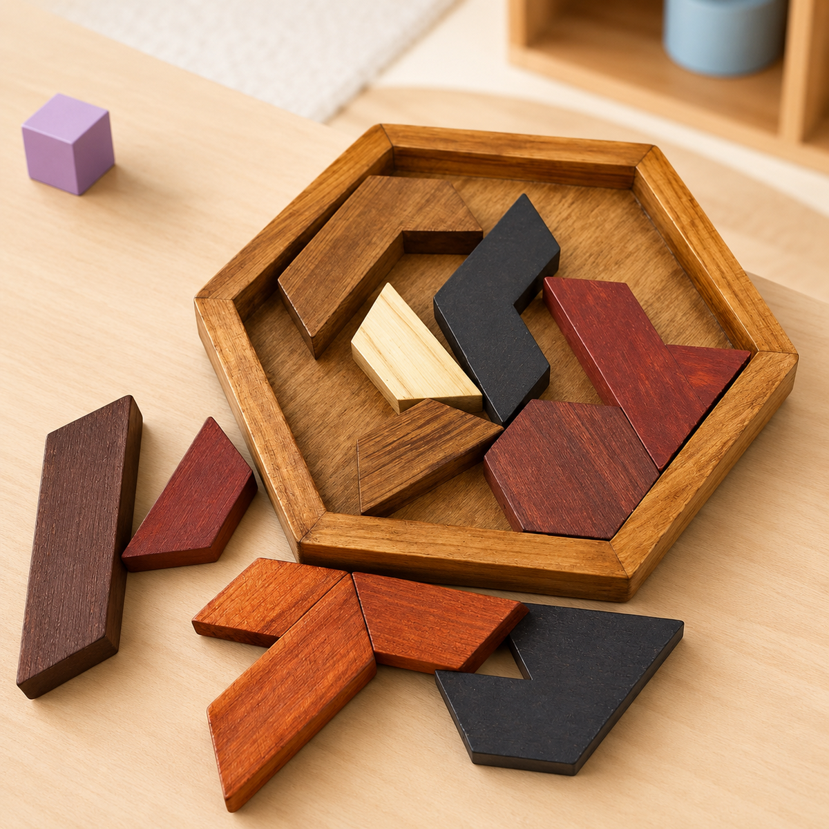Wooden Geometric Puzzle: A Compact Tray Puzzle with Two Ways to Play