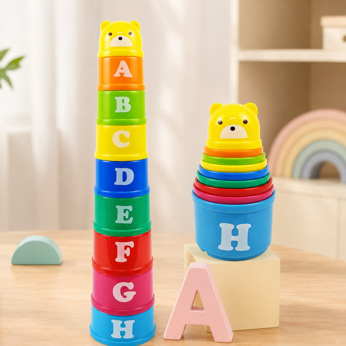 Toddler Stacking Cups: Eight-Cup Stack-and-Nest Set with Animal Topper