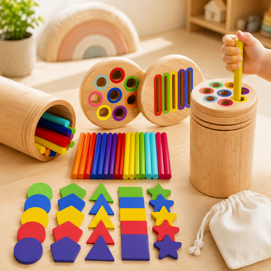 Wooden Color Sorting Toy: Interchangeable-Lid Cylinder for Tabletop Play