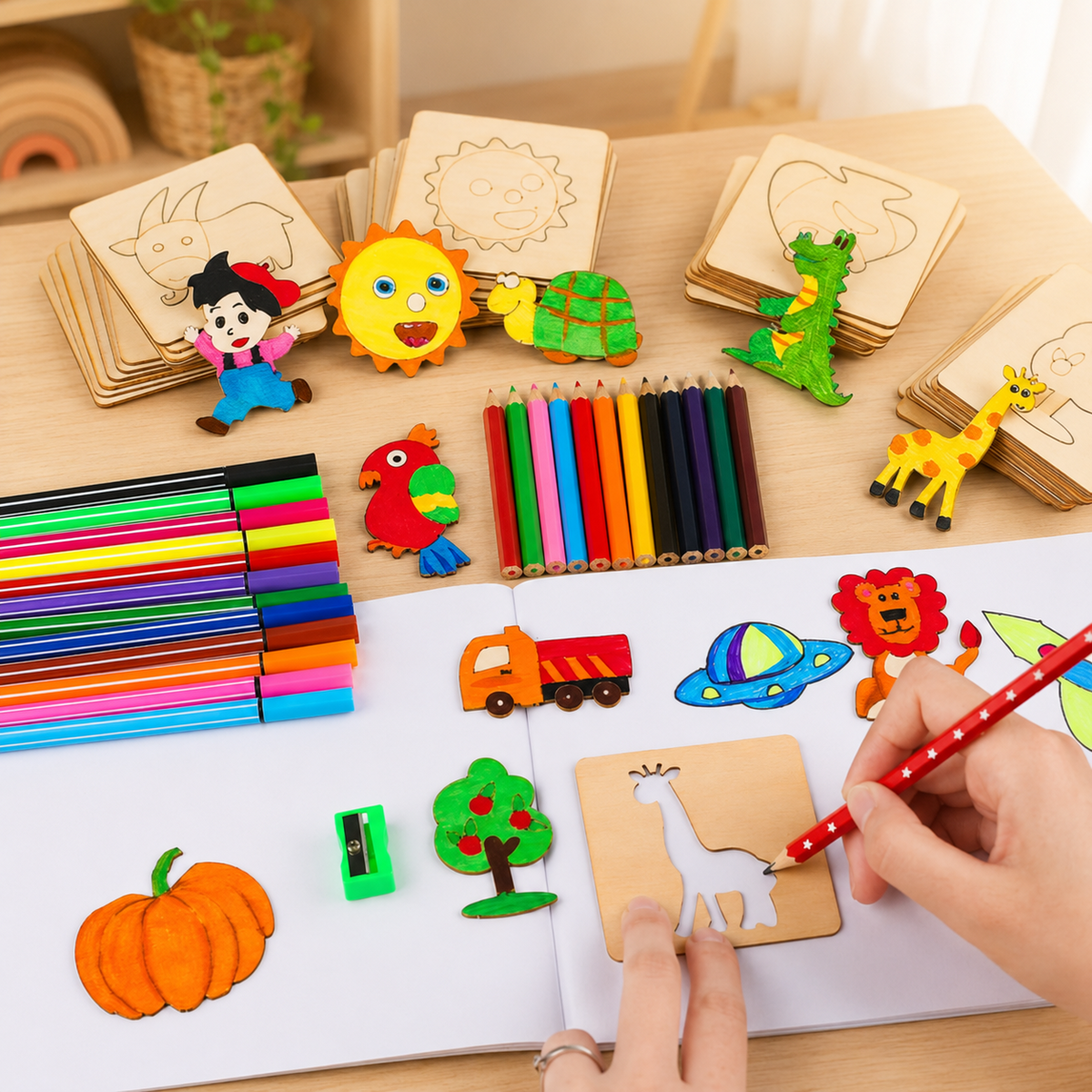 Wooden Drawing Stencil Set: A Two-Part Frame-and-Insert Format for Trace-and-Color Play