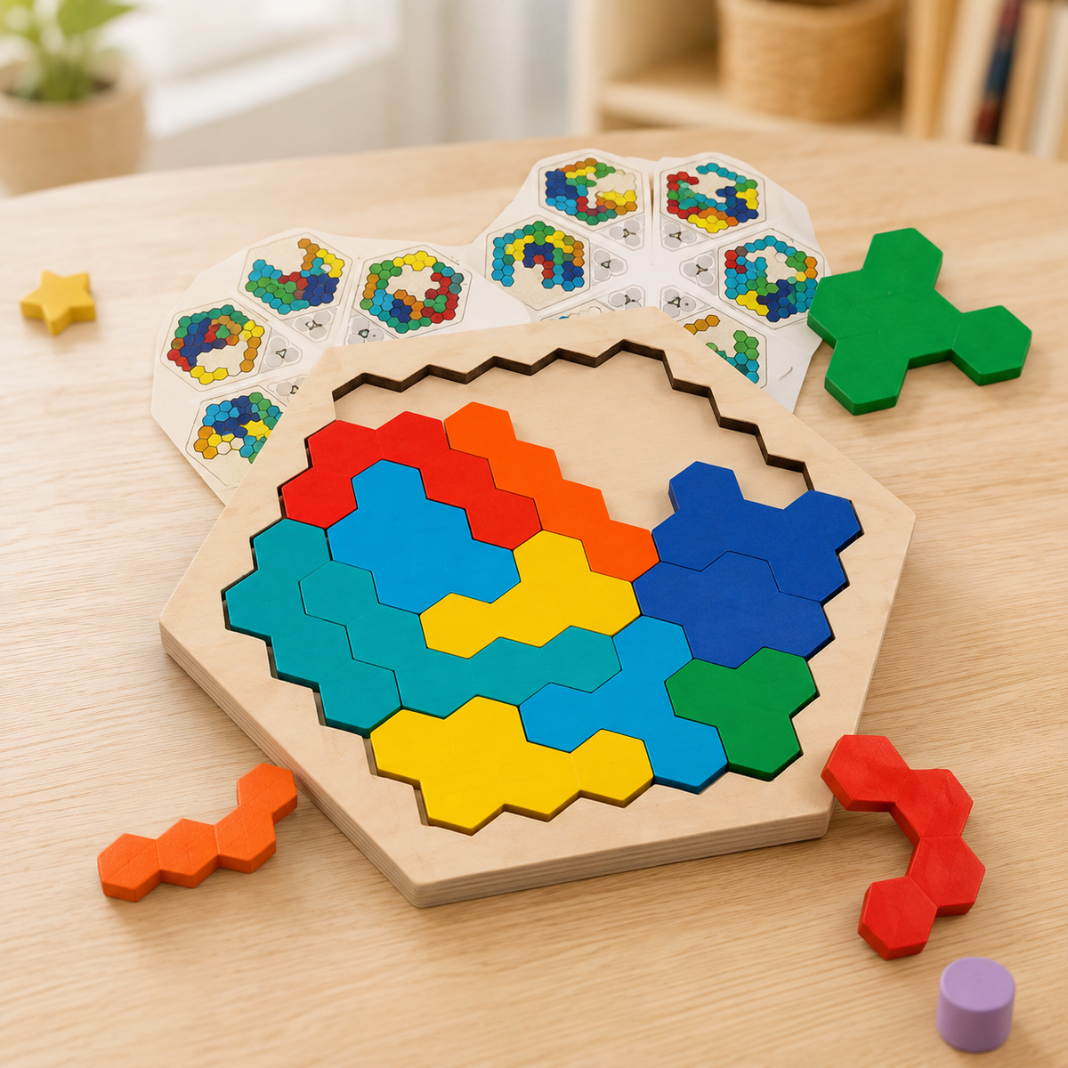 Wooden Hexagon Puzzle: A Connected-Piece Board for Rotate-and-Place Play